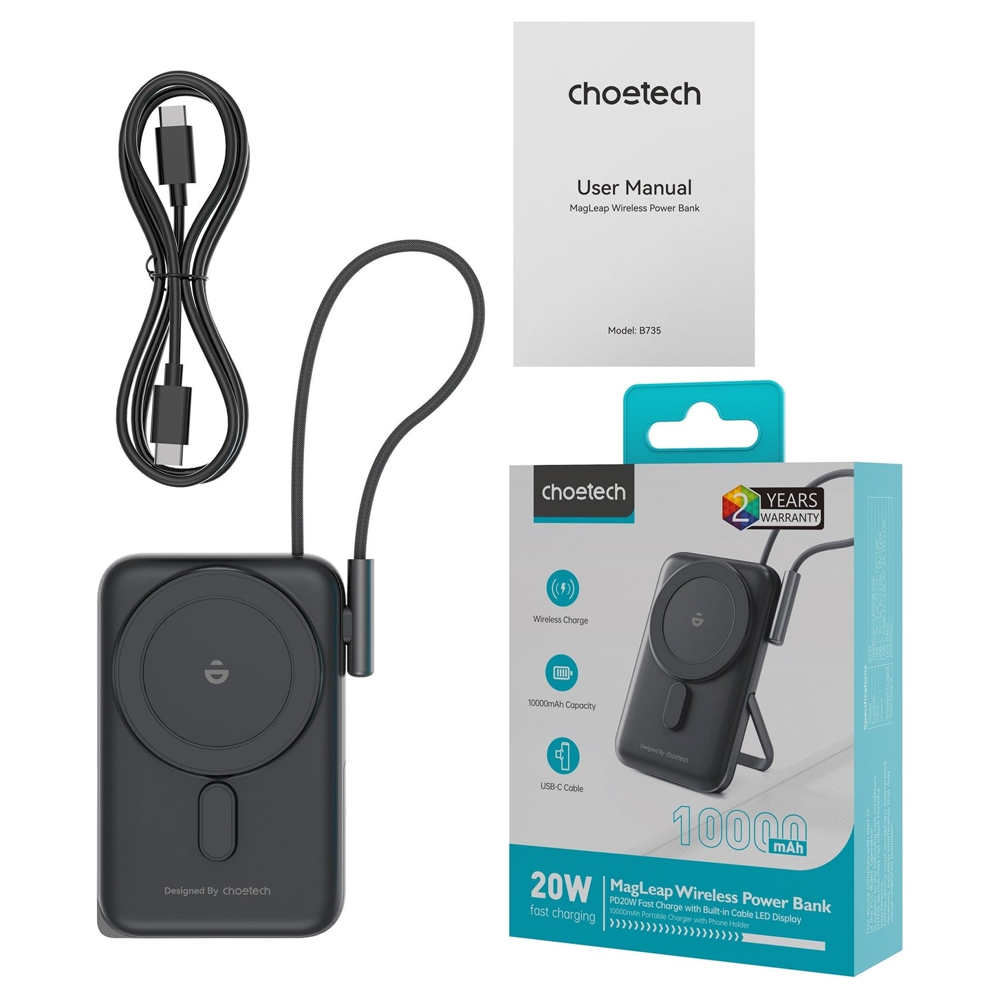 NNEDSZ CHOETECH B735-BK 10000mAh 20W MagLeap Wireless Power Bank Black with Phone Holder and Build-in Cable